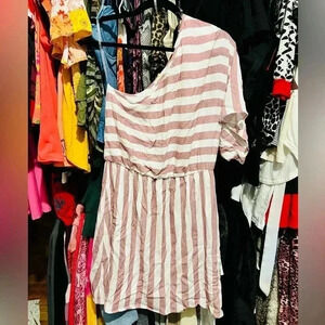 Fantastic Fawn Pink White Stripe One-Shoulder Dress